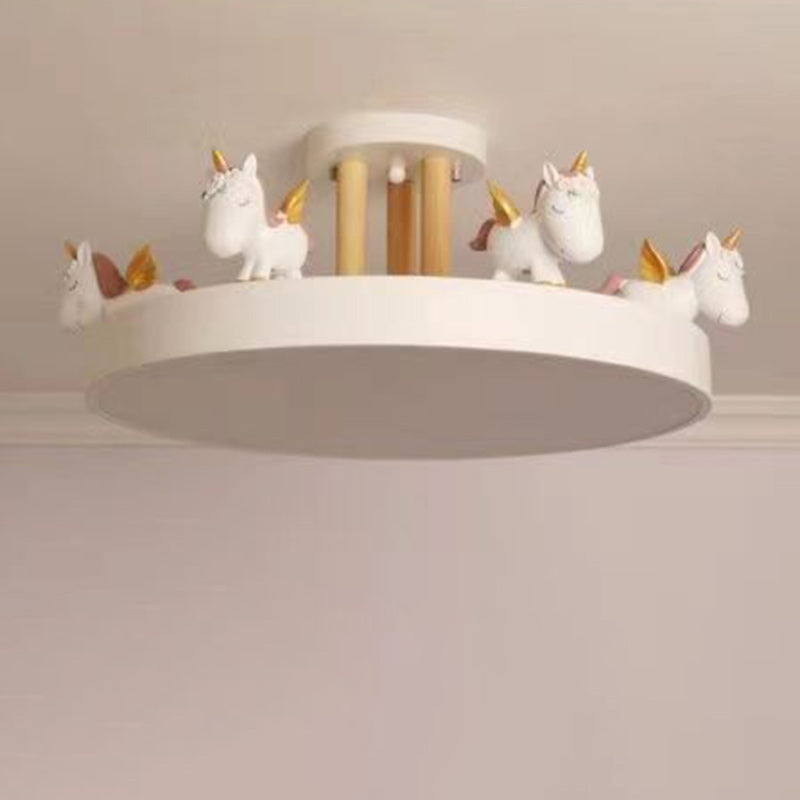 Contemporary Unicorn Round LED Ceiling Light – Creative Resin, Iron, Acrylic & Wood, Semi-Flush Mount for Bedroom