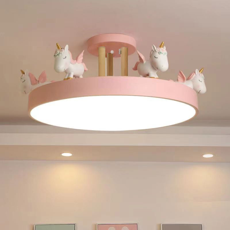 Contemporary Unicorn Round LED Ceiling Light – Creative Resin, Iron, Acrylic & Wood, Semi-Flush Mount for Bedroom