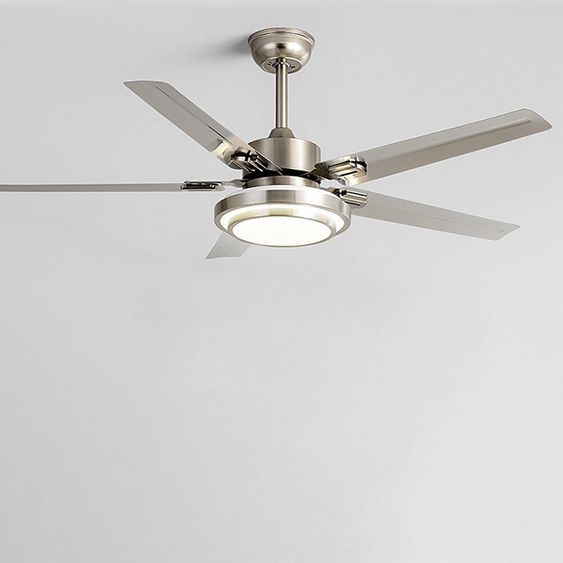 Contemporary Industrial Ceiling Fan with Iron Blades and LED Light — Downrod Mount for Living Room