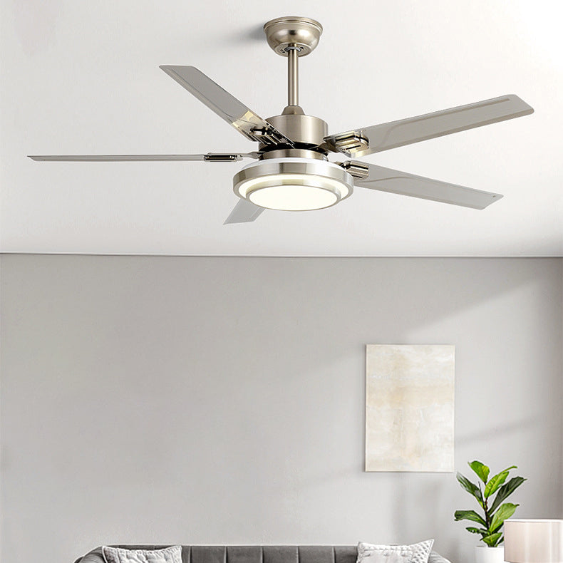 Contemporary Industrial Ceiling Fan with Iron Blades and LED Light — Downrod Mount for Living Room
