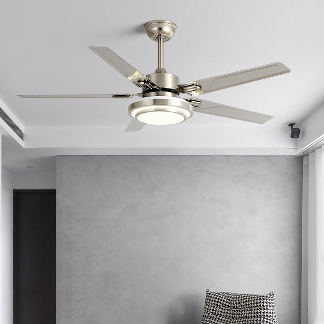Contemporary Industrial Ceiling Fan with Iron Blades and LED Light — Downrod Mount for Living Room