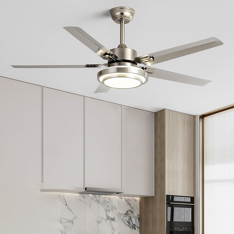 Contemporary Industrial Ceiling Fan with Iron Blades and LED Light — Downrod Mount for Living Room