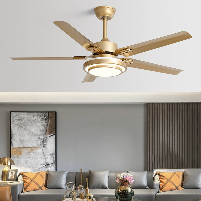 Contemporary Industrial Ceiling Fan with Iron Blades and LED Light — Downrod Mount for Living Room