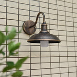 Contemporary Industrial Round Pot-Lid Style Wall Sconce - 1-Light Outdoor Patio Lamp with Curved Rod Iron Shade