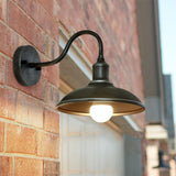 Contemporary Industrial Round Pot-Lid Style Wall Sconce - 1-Light Outdoor Patio Lamp with Curved Rod Iron Shade
