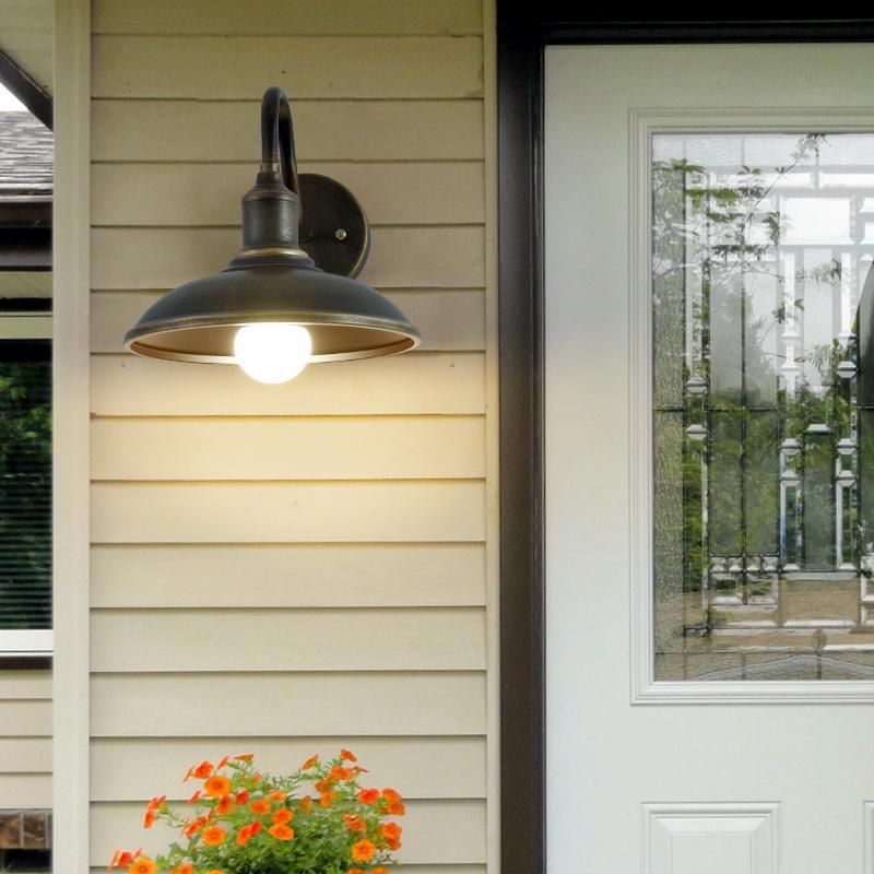 Contemporary Industrial Round Pot-Lid Style Wall Sconce - 1-Light Outdoor Patio Lamp with Curved Rod Iron Shade