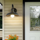 Contemporary Industrial Round Pot-Lid Style Wall Sconce - 1-Light Outdoor Patio Lamp with Curved Rod Iron Shade