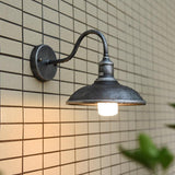 Contemporary Industrial Round Pot-Lid Style Wall Sconce - 1-Light Outdoor Patio Lamp with Curved Rod Iron Shade