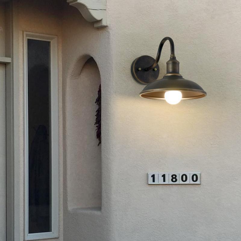 Contemporary Industrial Round Pot-Lid Style Wall Sconce - 1-Light Outdoor Patio Lamp with Curved Rod Iron Shade