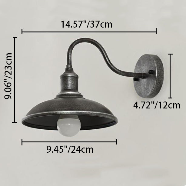 Contemporary Industrial Round Pot-Lid Style Wall Sconce - 1-Light Outdoor Patio Lamp with Curved Rod Iron Shade