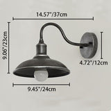 Contemporary Industrial Round Pot-Lid Style Wall Sconce - 1-Light Outdoor Patio Lamp with Curved Rod Iron Shade
