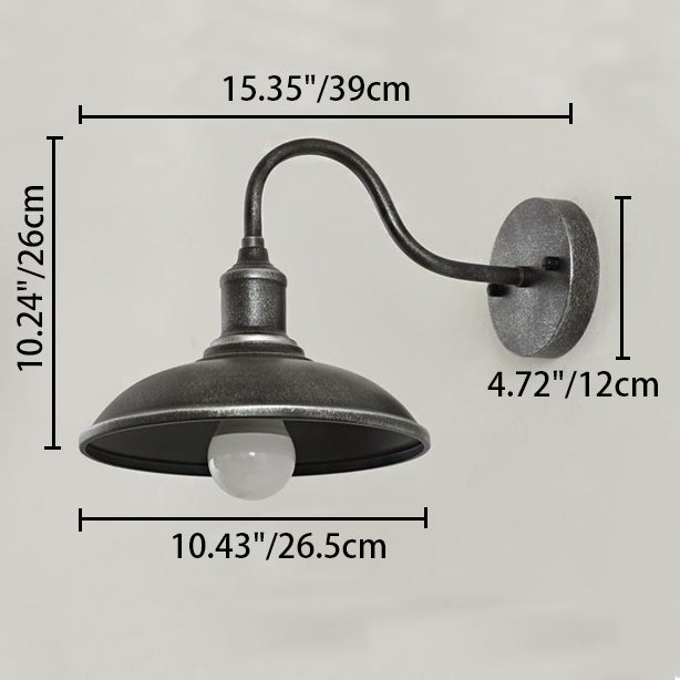 Contemporary Industrial Round Pot-Lid Style Wall Sconce - 1-Light Outdoor Patio Lamp with Curved Rod Iron Shade