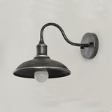Contemporary Industrial Round Pot-Lid Style Wall Sconce - 1-Light Outdoor Patio Lamp with Curved Rod Iron Shade