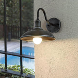 Contemporary Industrial Round Pot-Lid Style Wall Sconce - 1-Light Outdoor Patio Lamp with Curved Rod Iron Shade