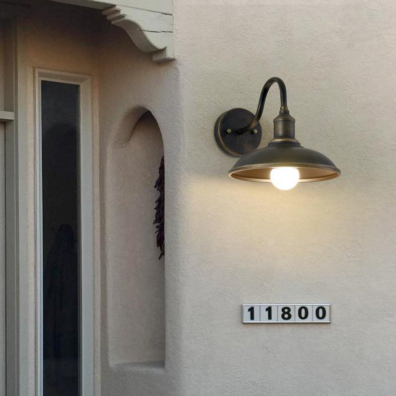 Contemporary Industrial Round Pot-Lid Style Wall Sconce - 1-Light Outdoor Patio Lamp with Curved Rod Iron Shade