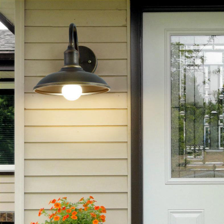 Contemporary Industrial Round Pot-Lid Style Wall Sconce - 1-Light Outdoor Patio Lamp with Curved Rod Iron Shade