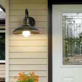 Contemporary Industrial Round Pot-Lid Style Wall Sconce - 1-Light Outdoor Patio Lamp with Curved Rod Iron Shade