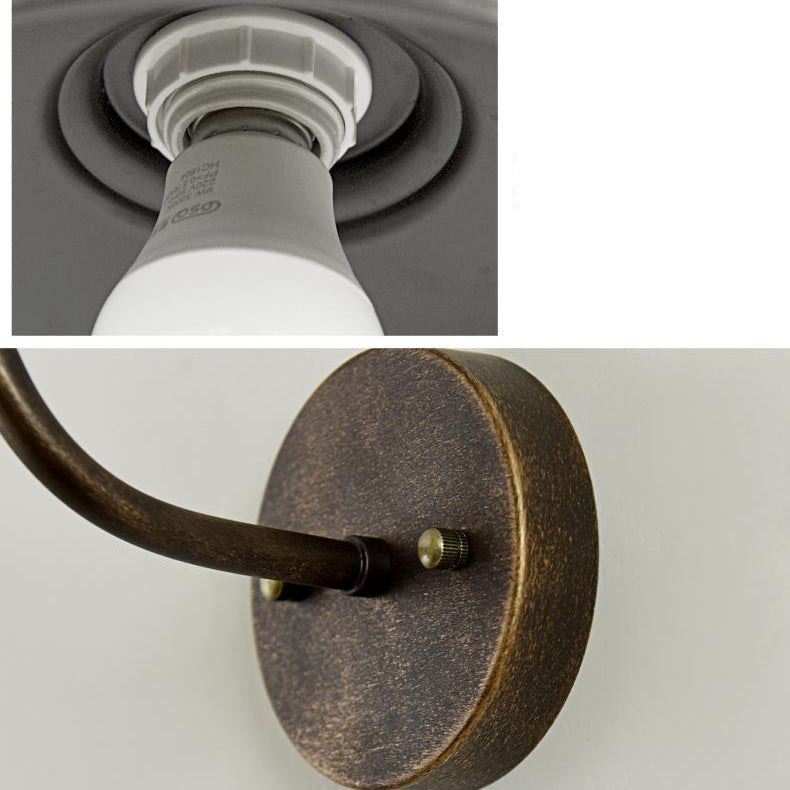 Contemporary Industrial Round Pot-Lid Style Wall Sconce - 1-Light Outdoor Patio Lamp with Curved Rod Iron Shade