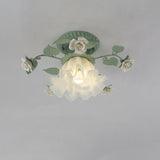 Traditional French Bellflower Leaf Iron & Ceramic Glass Shade 1-Light Semi-Flush Mount Ceiling Light for Living Room