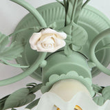 Traditional French Bellflower Leaf Iron & Ceramic Glass Shade 1-Light Semi-Flush Mount Ceiling Light for Living Room
