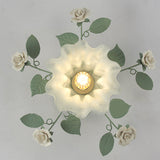 Traditional French Bellflower Leaf Iron & Ceramic Glass Shade 1-Light Semi-Flush Mount Ceiling Light for Living Room