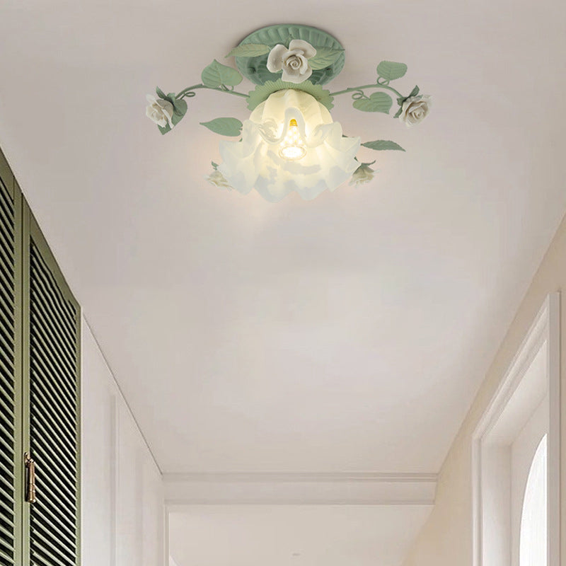 Traditional French Bellflower Leaf Iron & Ceramic Glass Shade 1-Light Semi-Flush Mount Ceiling Light for Living Room