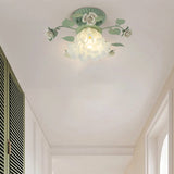 Traditional French Bellflower Leaf Iron & Ceramic Glass Shade 1-Light Semi-Flush Mount Ceiling Light for Living Room