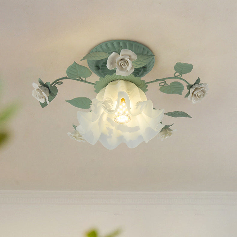 Traditional French Bellflower Leaf Iron & Ceramic Glass Shade 1-Light Semi-Flush Mount Ceiling Light for Living Room