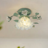 Traditional French Bellflower Leaf Iron & Ceramic Glass Shade 1-Light Semi-Flush Mount Ceiling Light for Living Room