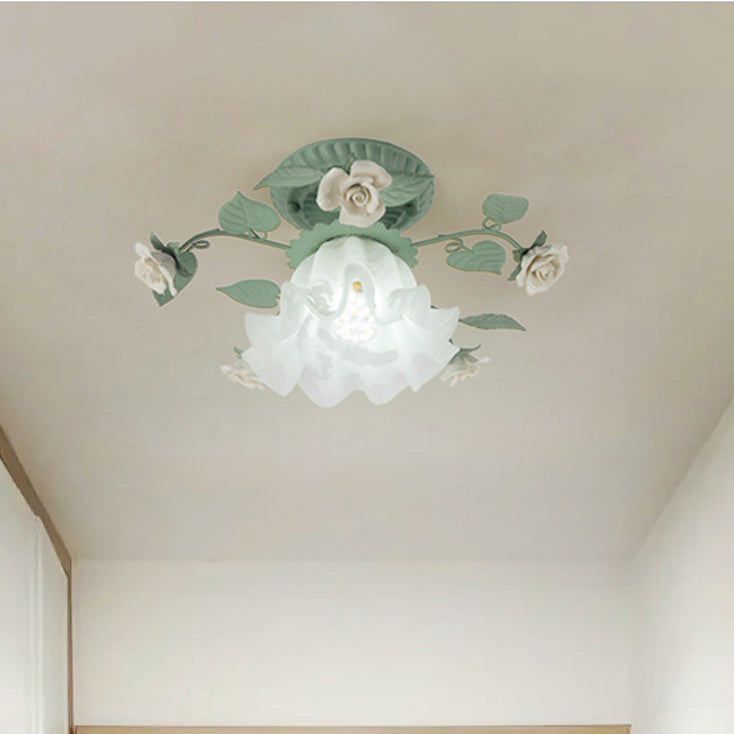 Traditional French Bellflower Leaf Iron & Ceramic Glass Shade 1-Light Semi-Flush Mount Ceiling Light for Living Room