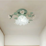 Traditional French Bellflower Leaf Iron & Ceramic Glass Shade 1-Light Semi-Flush Mount Ceiling Light for Living Room