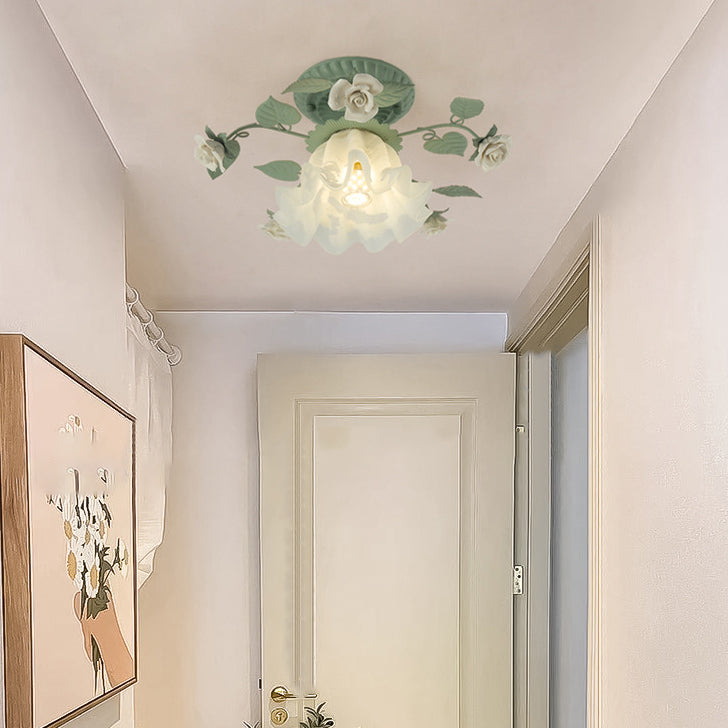 Traditional French Bellflower Leaf Iron & Ceramic Glass Shade 1-Light Semi-Flush Mount Ceiling Light for Living Room