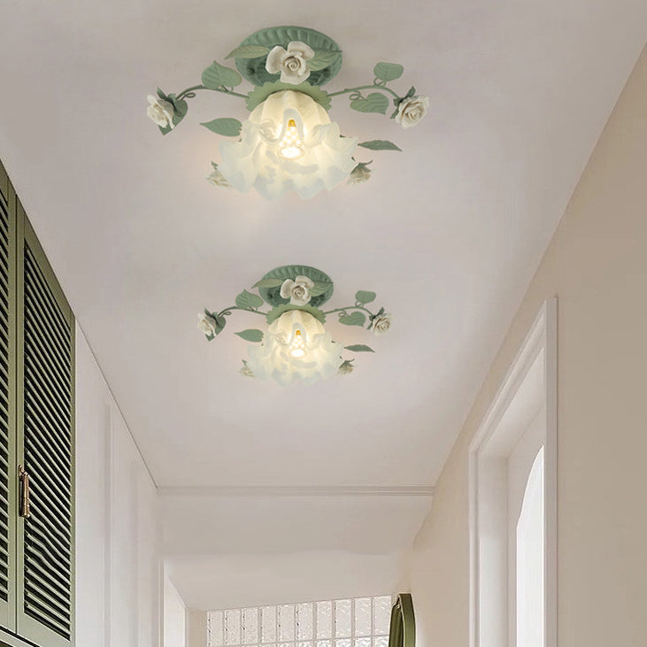 Traditional French Bellflower Leaf Iron & Ceramic Glass Shade 1-Light Semi-Flush Mount Ceiling Light for Living Room