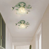 Traditional French Bellflower Leaf Iron & Ceramic Glass Shade 1-Light Semi-Flush Mount Ceiling Light for Living Room