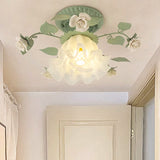 Traditional French Bellflower Leaf Iron & Ceramic Glass Shade 1-Light Semi-Flush Mount Ceiling Light for Living Room