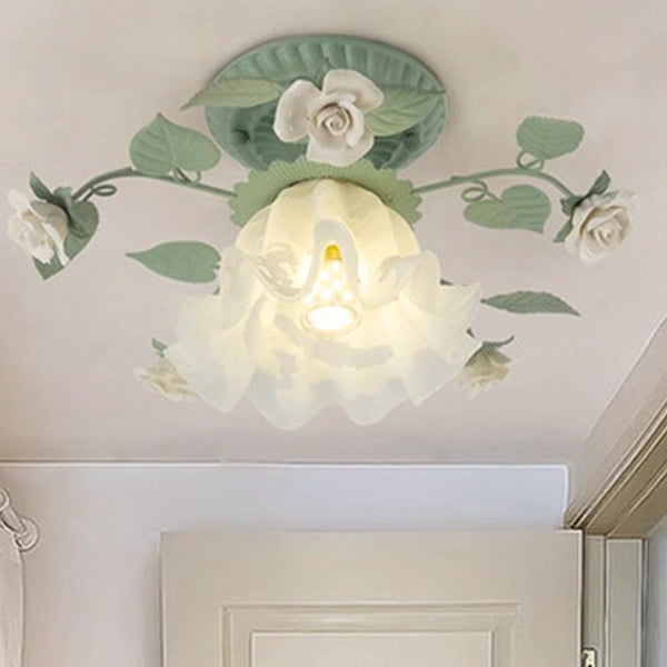 Traditional French Bellflower Leaf Iron & Ceramic Glass Shade 1-Light Semi-Flush Mount Ceiling Light for Living Room