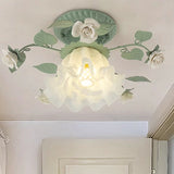 Traditional French Bellflower Leaf Iron & Ceramic Glass Shade 1-Light Semi-Flush Mount Ceiling Light for Living Room