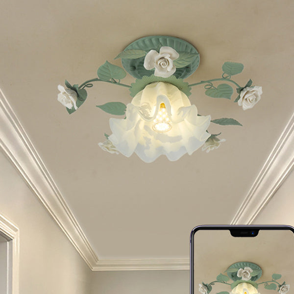 Traditional French Bellflower Leaf Iron & Ceramic Glass Shade 1-Light Semi-Flush Mount Ceiling Light for Living Room