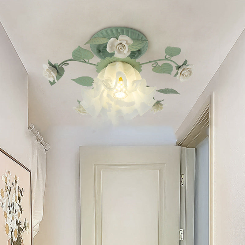 Traditional French Bellflower Leaf Iron & Ceramic Glass Shade 1-Light Semi-Flush Mount Ceiling Light for Living Room