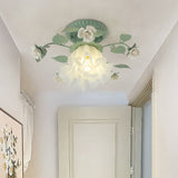 Traditional French Bellflower Leaf Iron & Ceramic Glass Shade 1-Light Semi-Flush Mount Ceiling Light for Living Room