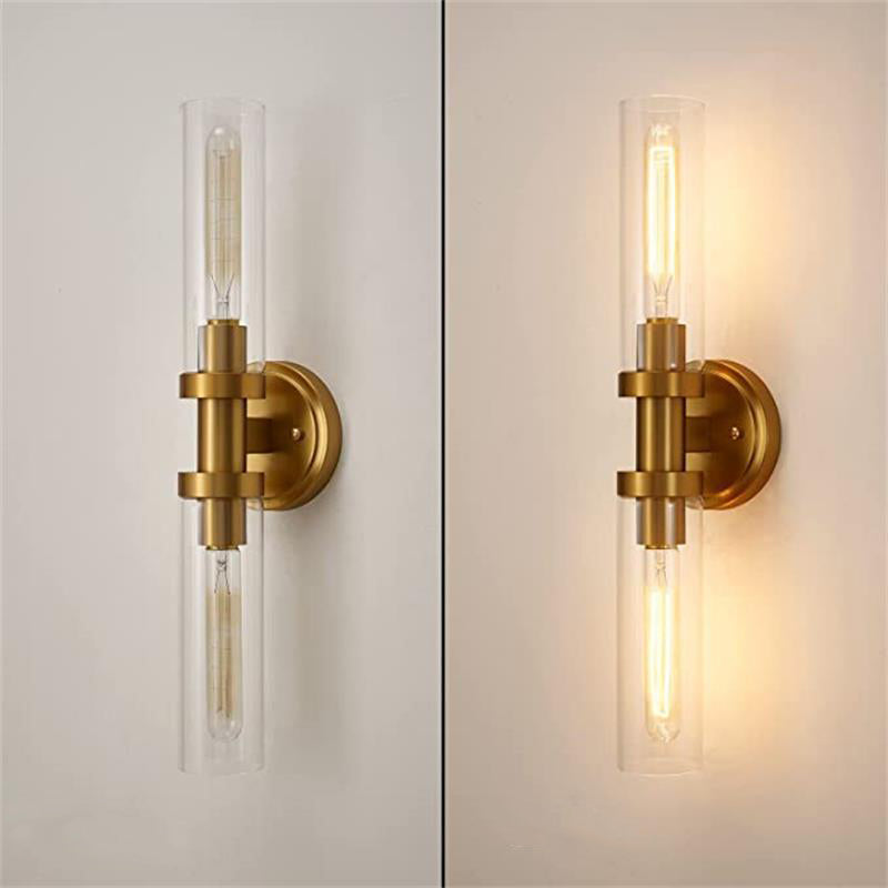 Sleek Modern Minimalist Cylinder Glass Iron Shade 2-Light Vanity Wall Sconce Lamp for Bathroom
