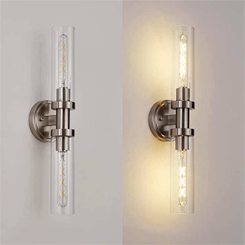 Sleek Modern Minimalist Cylinder Glass Iron Shade 2-Light Vanity Wall Sconce Lamp for Bathroom