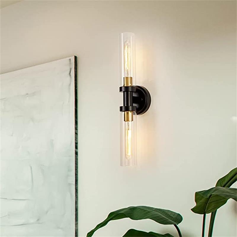 Sleek Modern Minimalist Cylinder Glass Iron Shade 2-Light Vanity Wall Sconce Lamp for Bathroom