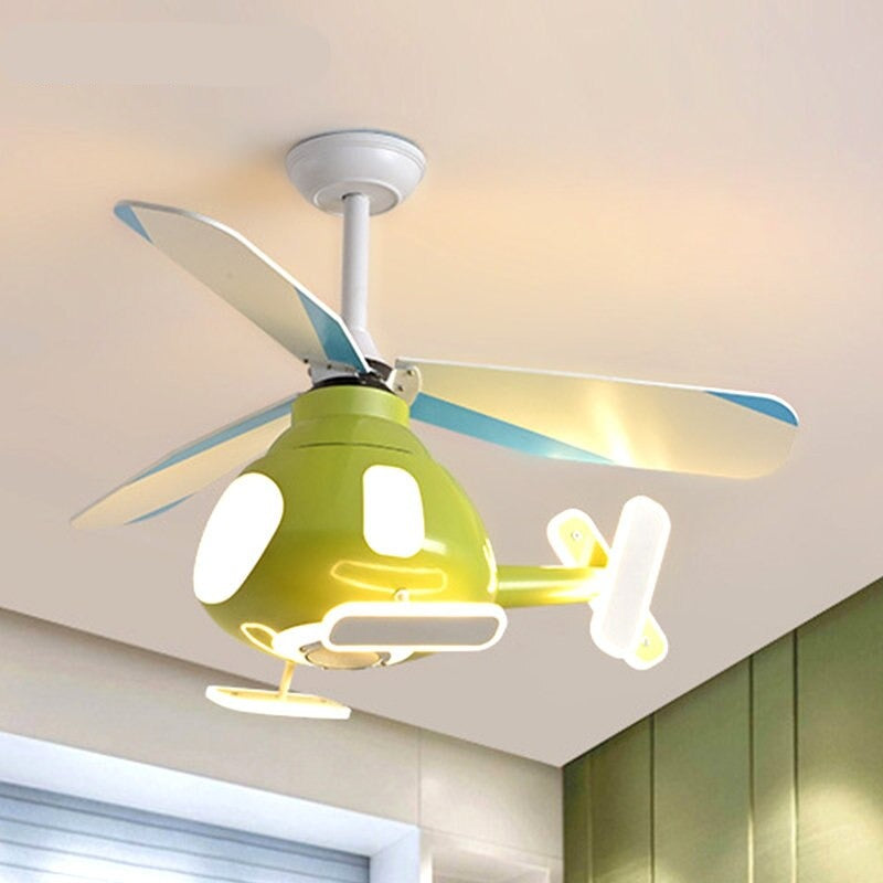 Modern Cartoon Helicopter Ceiling Fan with LED Light for Kids' Bedroom – Iron & Acrylic, Downrod Mount