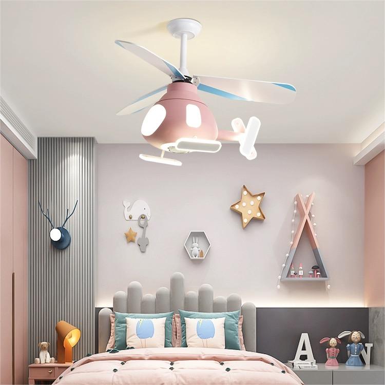 Modern Cartoon Helicopter Ceiling Fan with LED Light for Kids' Bedroom – Iron & Acrylic, Downrod Mount