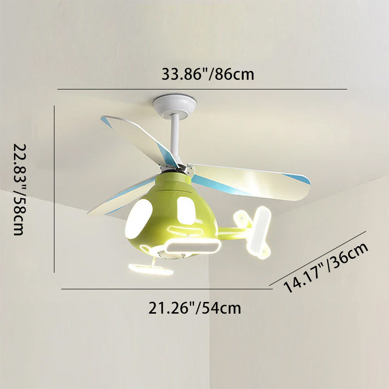 Modern Cartoon Helicopter Ceiling Fan with LED Light for Kids' Bedroom – Iron & Acrylic, Downrod Mount