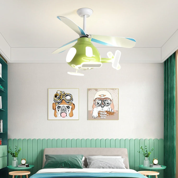 Modern Cartoon Helicopter Ceiling Fan with LED Light for Kids' Bedroom – Iron & Acrylic, Downrod Mount