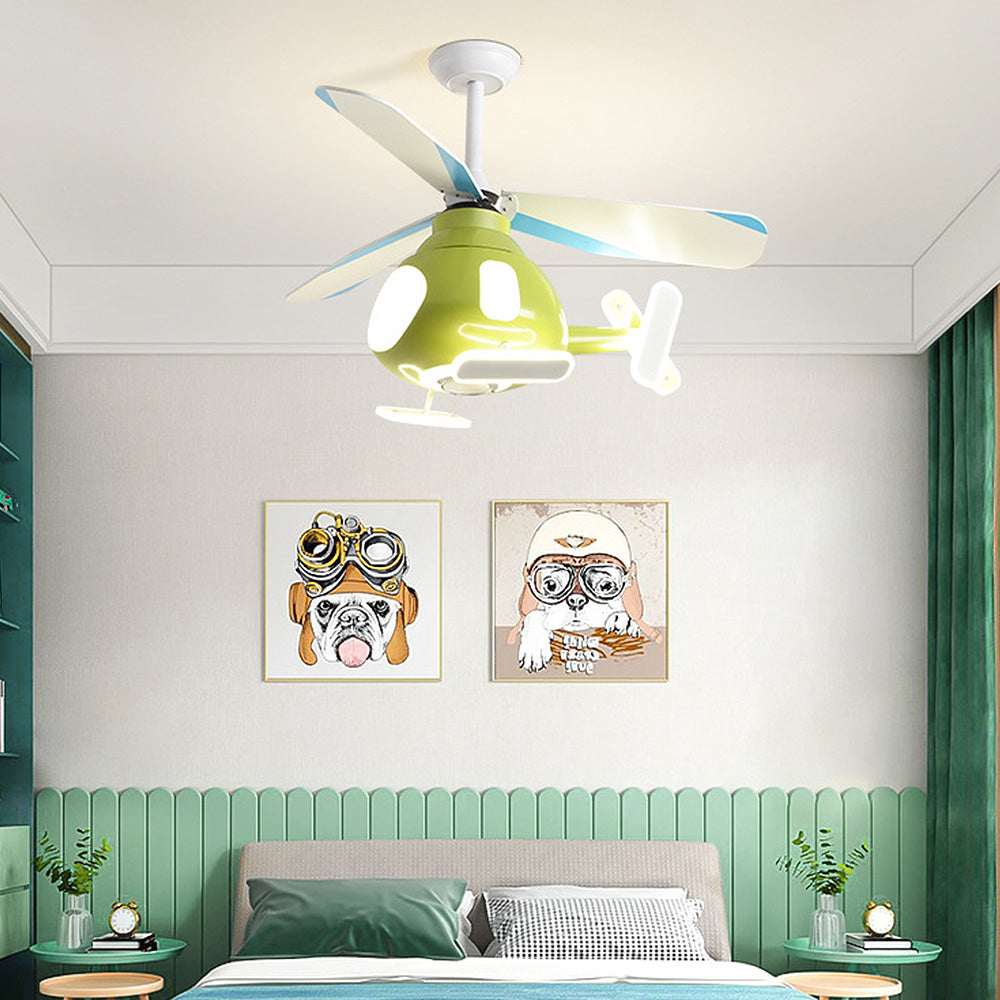 Modern Cartoon Helicopter Ceiling Fan with LED Light for Kids' Bedroom – Iron & Acrylic, Downrod Mount
