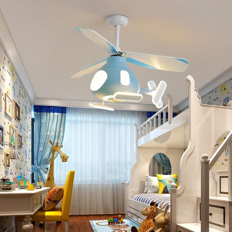 Modern Cartoon Helicopter Ceiling Fan with LED Light for Kids' Bedroom – Iron & Acrylic, Downrod Mount