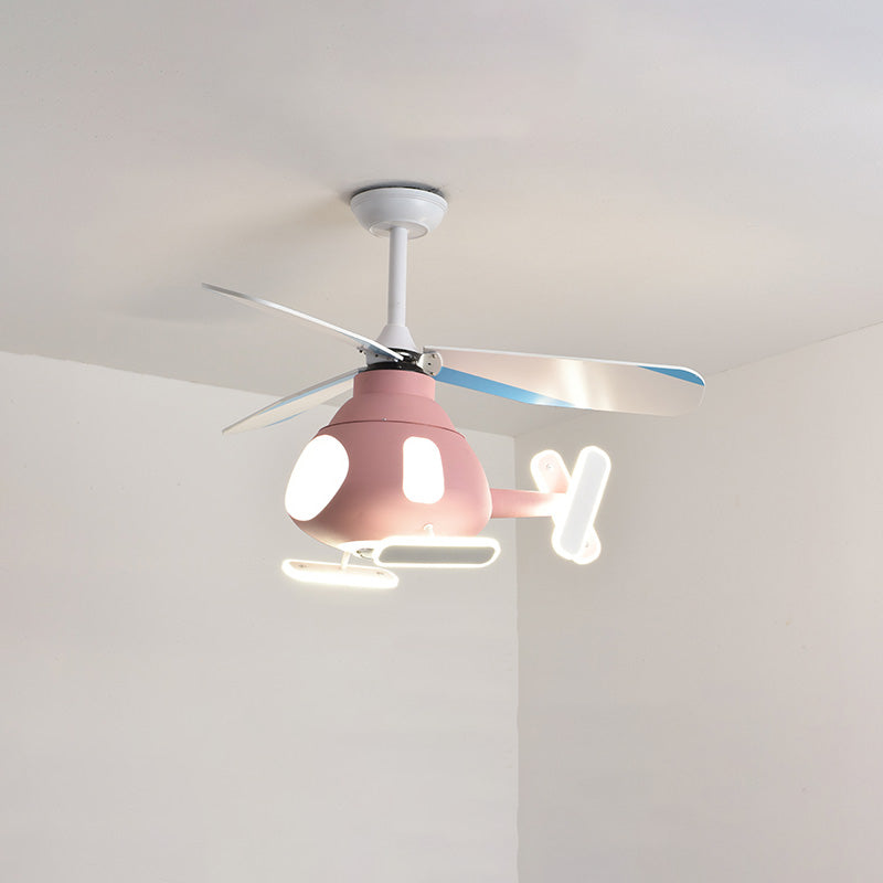Modern Cartoon Helicopter Ceiling Fan with LED Light for Kids' Bedroom – Iron & Acrylic, Downrod Mount